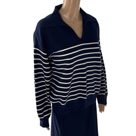 & Other Stories White Striped Blue V Neck Collared Cotton Sweater - Picture 4 of 9